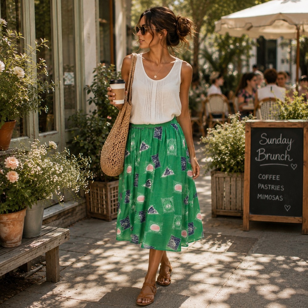 Porridge Clothing Green Vintage Postage Stamp Print Midi Skirt XL Tie Waist